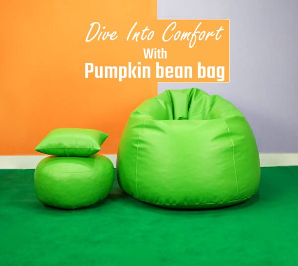 XXL Pumpkin Shape Bean Bag-COMBO Set Bean Bag, Footrest & Cushion - Green - Image 2